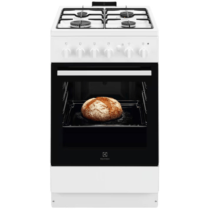 Aragaz Electrolux LKG504012W, Gaz, 4 arzatoare, Aprindere integrata plita si cuptor, Siguranta plita si cuptor, Autocuratare catalitica, Grill electric, Rotisor, 50 cm, Alb