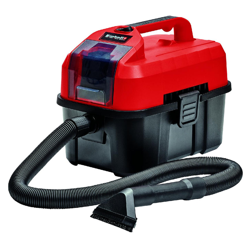 Aspirator umed/uscat pe acumulator Einhell TE-VC 18/10 Li-Solo, 18 V, tehnologia PXC, 10 l capacitate vas, 90 mbar putere aspiratie, 200 cm lungime furtun, duza 2-in-1 spatii inguste/perie, duza2-in-1 tapiterie/universala, fara acumulator/incarcator