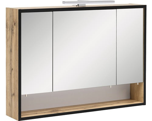 Dulap Baie cu Oglinda 800 Max, 3 Usi, 1 Polita, Iluminare LED, PAL, 80x65,6 cm Stejar