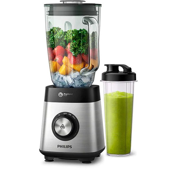 Blender Philips Whale, 1000 W, Carcasa din metal, Viteza variabila si impuls, Vas sticla 2 L, Accesoriu sticla on-the-go, Negru/Argintiu