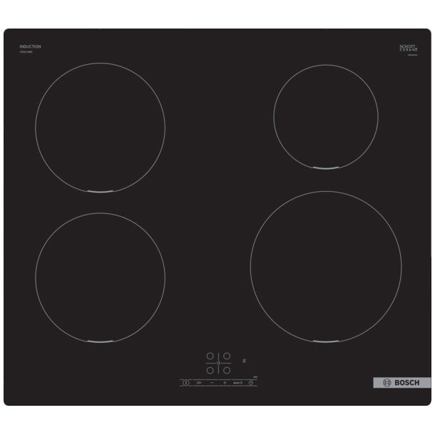 Plita incorporabila Bosch PUE611BB5E, Inductie, 4 zone de gatit, TouchSelect, PowerBoost, ReStart, Temporizator, 60 cm, Negru
