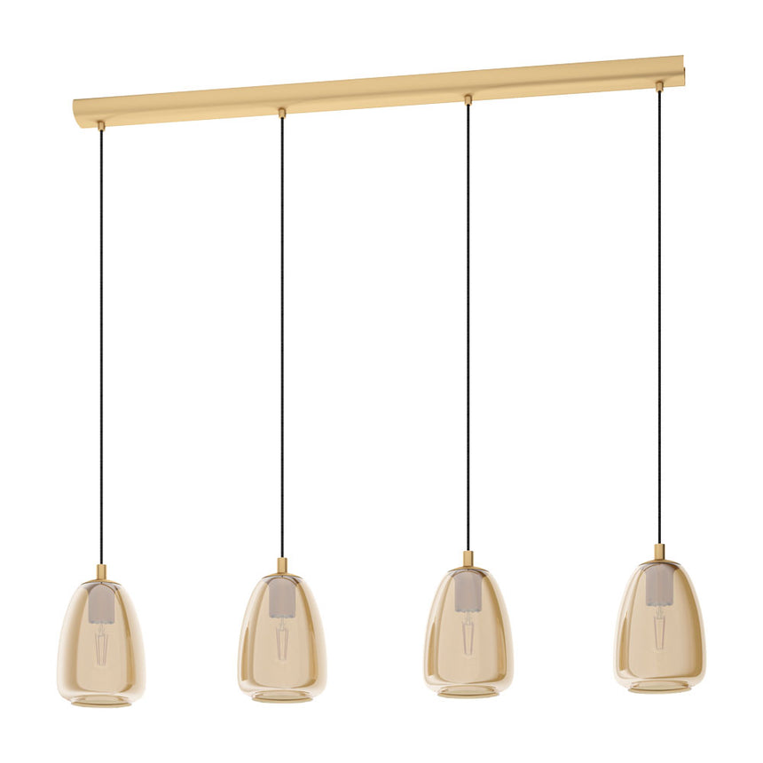 Pendul ALOBRASE, EGLO, E27, 4x40W, otel, alama polisata, sticla, chihlimbar, 110 x 108 x 15 cm, inaltime reglabila