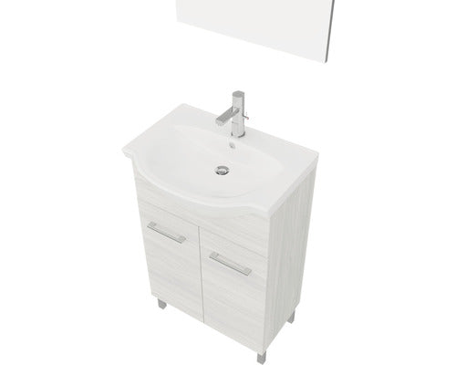 Set Mobilier Baie, Woody 55 cm, Include Baza Lavoar, Lavoar si Oglinda, Stejar Gri