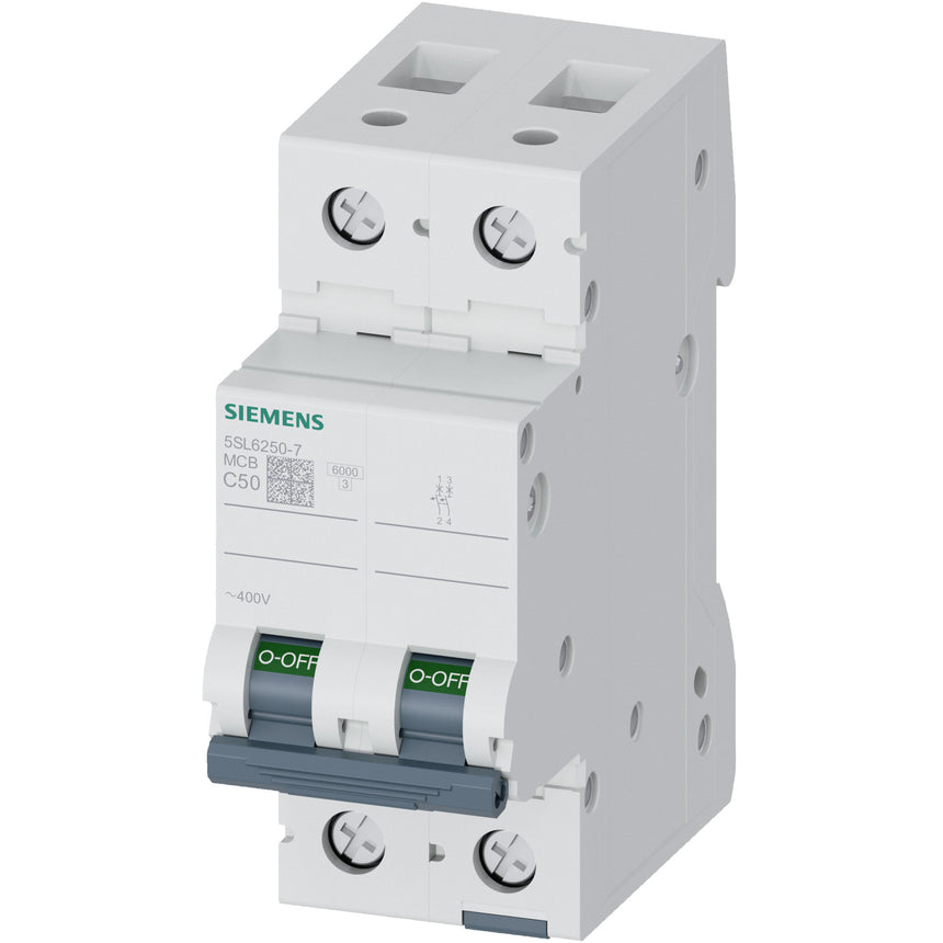 Siguranta electrica automata Siemens 5SL6250-7, latime 2 module, 6kA, 2P, caracteristica C, 50A