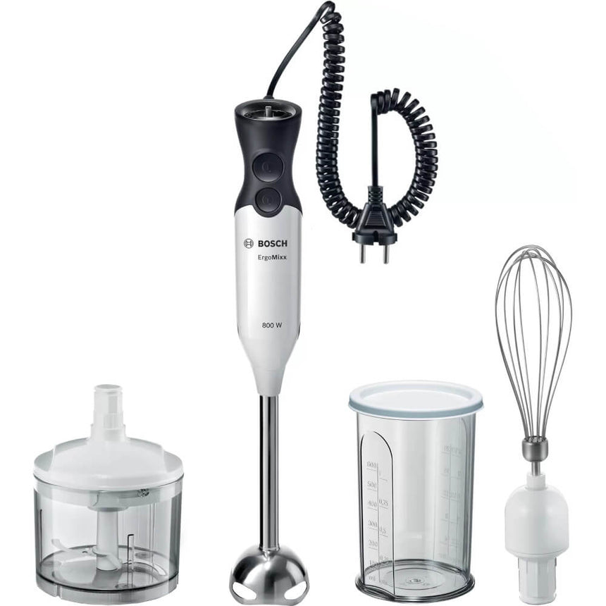 Blender de mana Bosch ErgoMixx MS6CA41H50, 800 W, 12 viteze + Turbo, Minitocator 0.50 L, Vas gradat 0.6 L, Tel inox, Blocare de siguranta, Alb/Negru