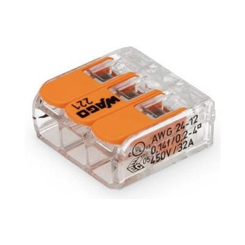 Set 50 cleme (conectori) Wago 4 mmp 221-413, compact, borna cu arc, cablu litat, 3 fire, 32A