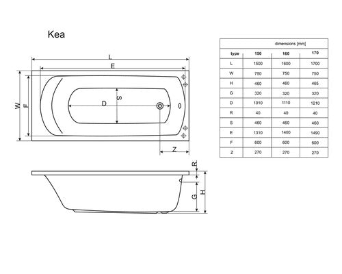 Cada de Baie Rectangulara Radaway Kea, 150x75x46 cm, Acril, WA1-04-150x075U, Alb