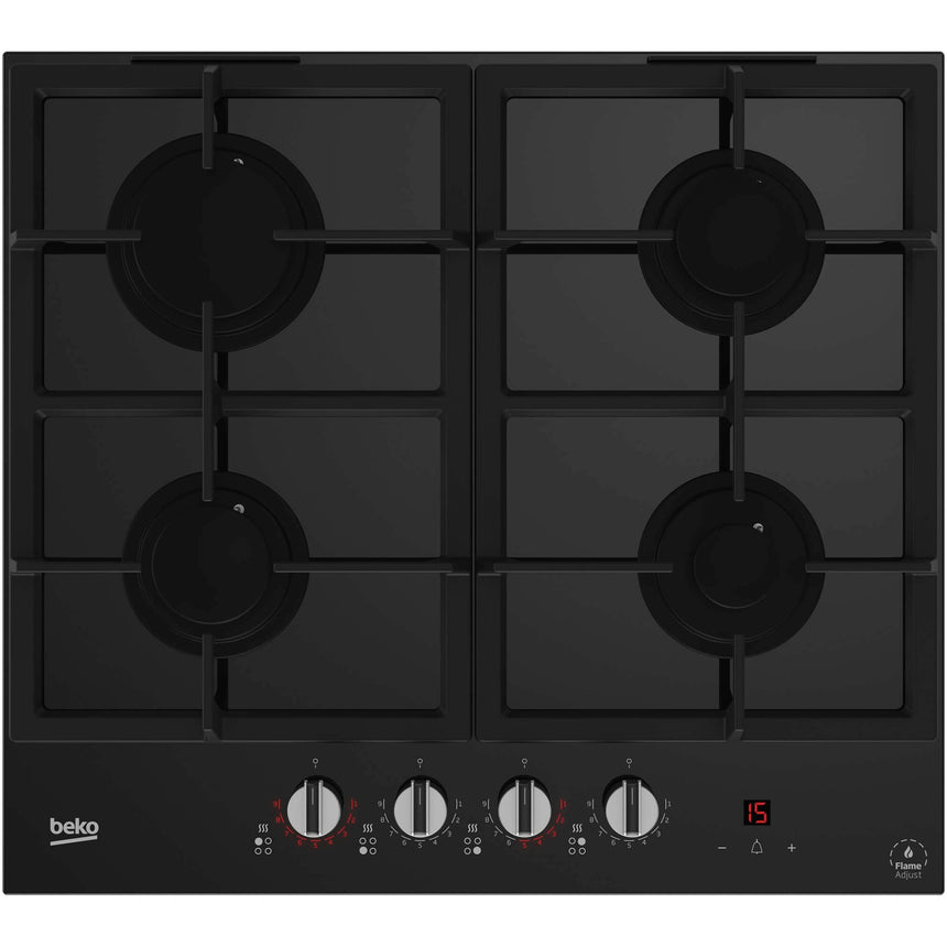 Plita incorporabila Beko HSLG64425ST, Gaz, 4 arzatoare, Gratar fonta, Arzator Wok, FlameAdjust, 60 cm, Sticla securizata