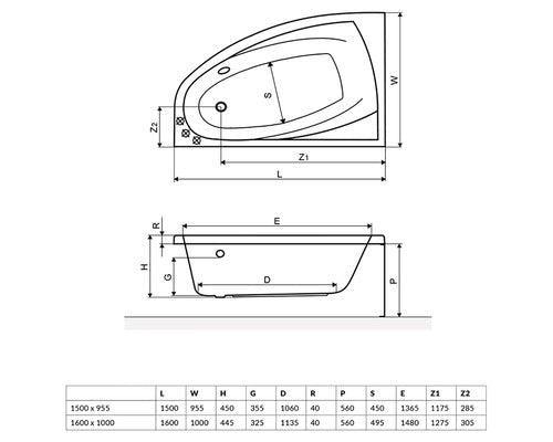 Cada de Baie Asimetrica pe Colt Radaway Rineia, 150x95,5x45 cm, Colt Stanga, Acril, Alb, WA1-31-150x095L