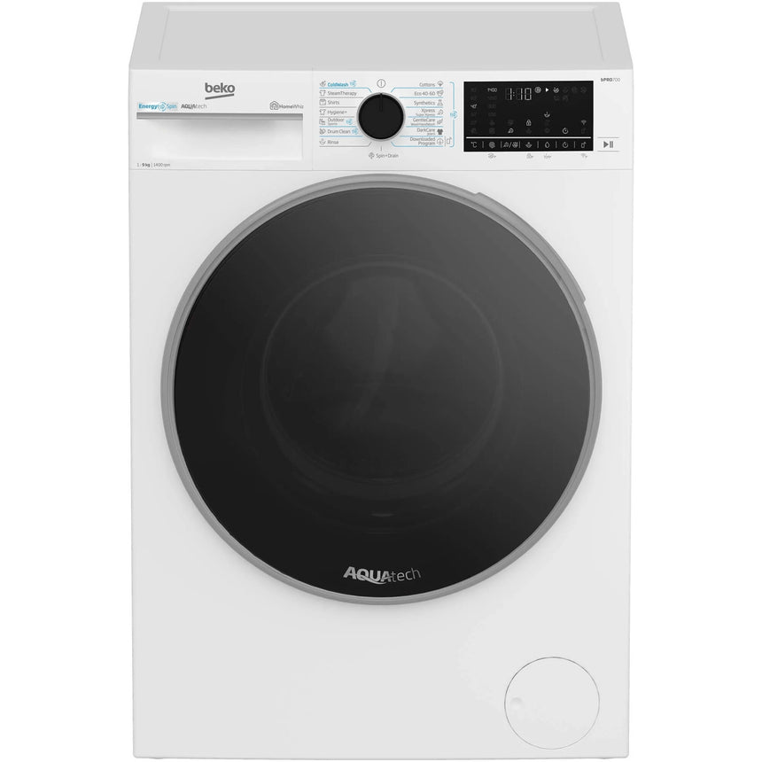 Masina de spalat rufe Beko B7WFU69418WBES, 9 kg, 1400 RPM, Clasa A, AquaTech, IronFast, SteamCure, Recycled Tub, ProSmart Inverter Motor, Homewhiz prin Wi-Fi, AddXtra, Negru