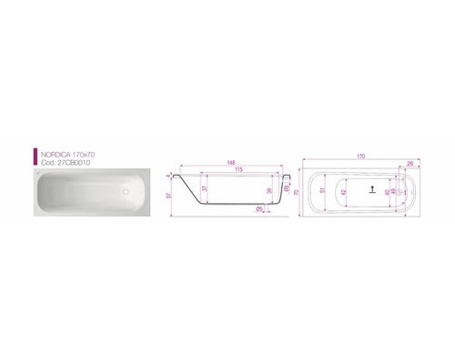 Cada de Baie Rectangulara Belform Nordica, 70x170x39 cm, Acril, 27CB0010, Alb