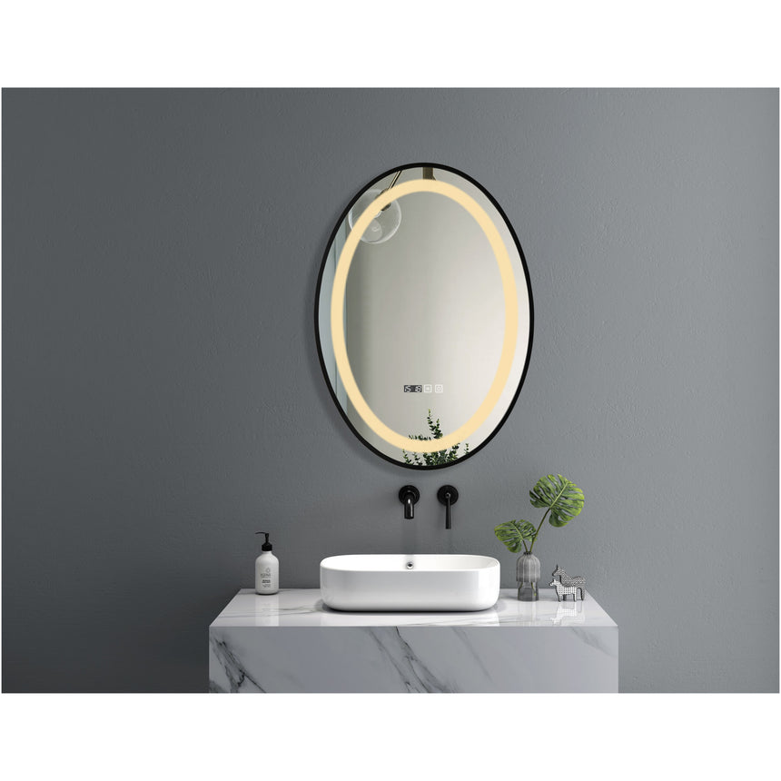 Oglinda baie Belform Infinity, cu iluminare LED 3 culori, intrerupator Touch, ceas, functie dezaburire, 50x70 cm, rama aluminiu neagra, clasa energetica F