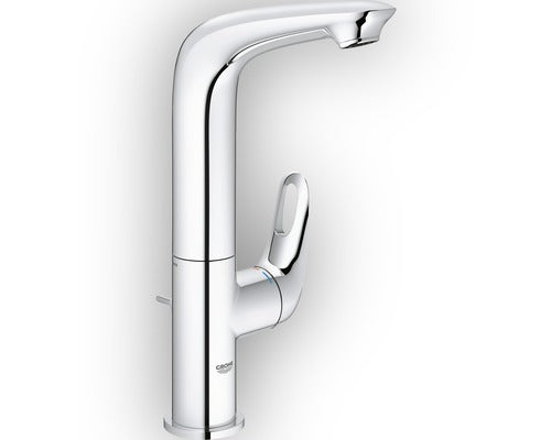 Baterie lavoar monocomanda inalta GROHE Eurostyle marime L cartus ceramic 28 mm cu GROHE SilkMove set evacuare cu tija crom