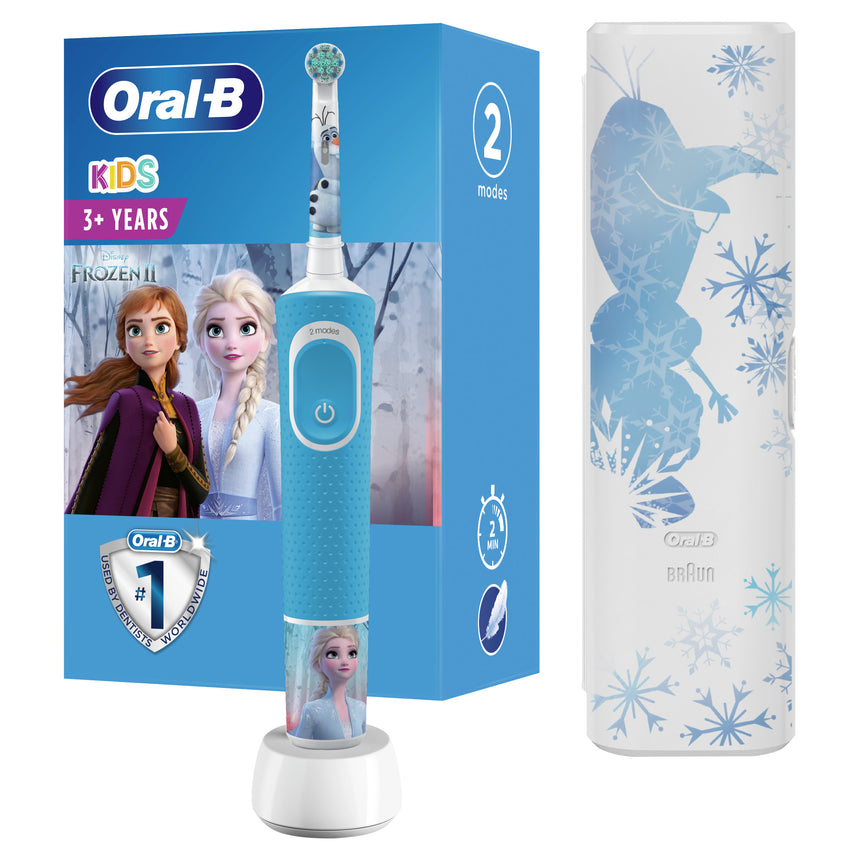 Periuta de dinti electrica Oral-B Vitality Frozen pentru copii 7600 oscilatii/min, Curatare 2D, 2 programe, 1 capat, 4 stickere incluse, Trusa de calatorie, Albastru