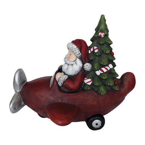 Decoratiune Craciun, Mos Craciun cu avion si bradut, 37,2 cm