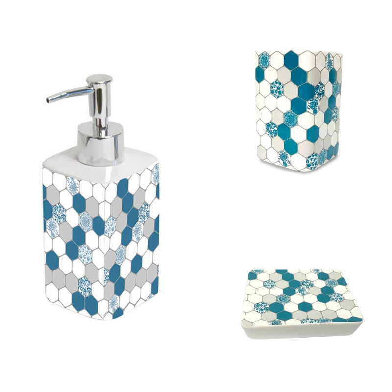 Set dozator, pahar si savoniera, Frandis, ceramica, alb/albastru/bej, model Mosaique