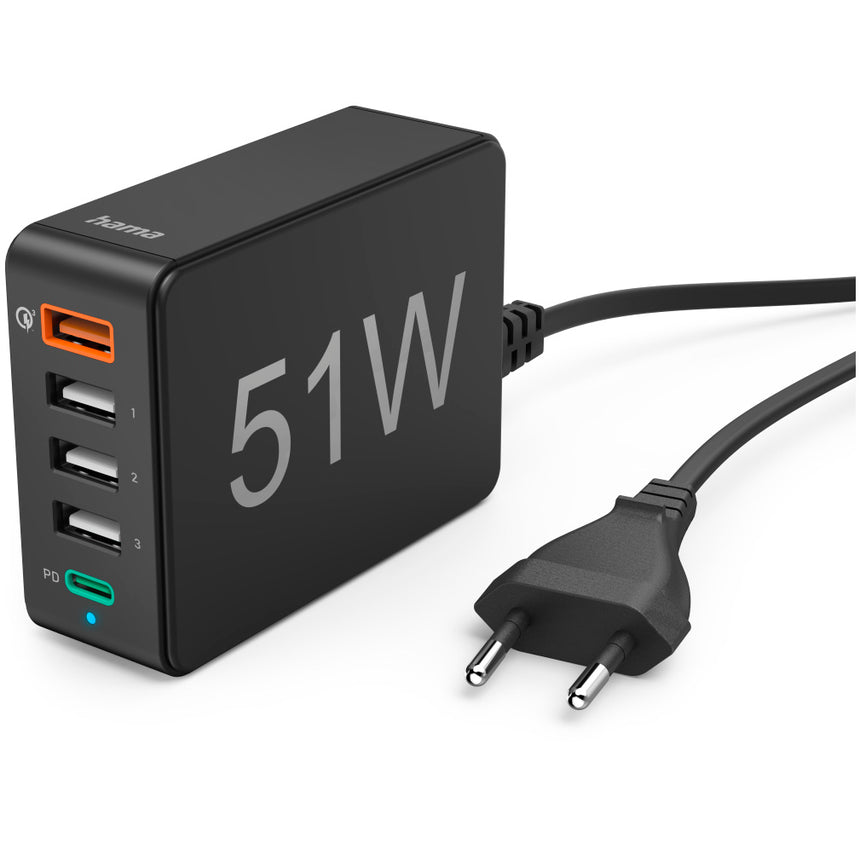 Incarcator retea Hama, 5 porturi QC/PD USB 3xUSB-A/USB-C, 51W, Negru