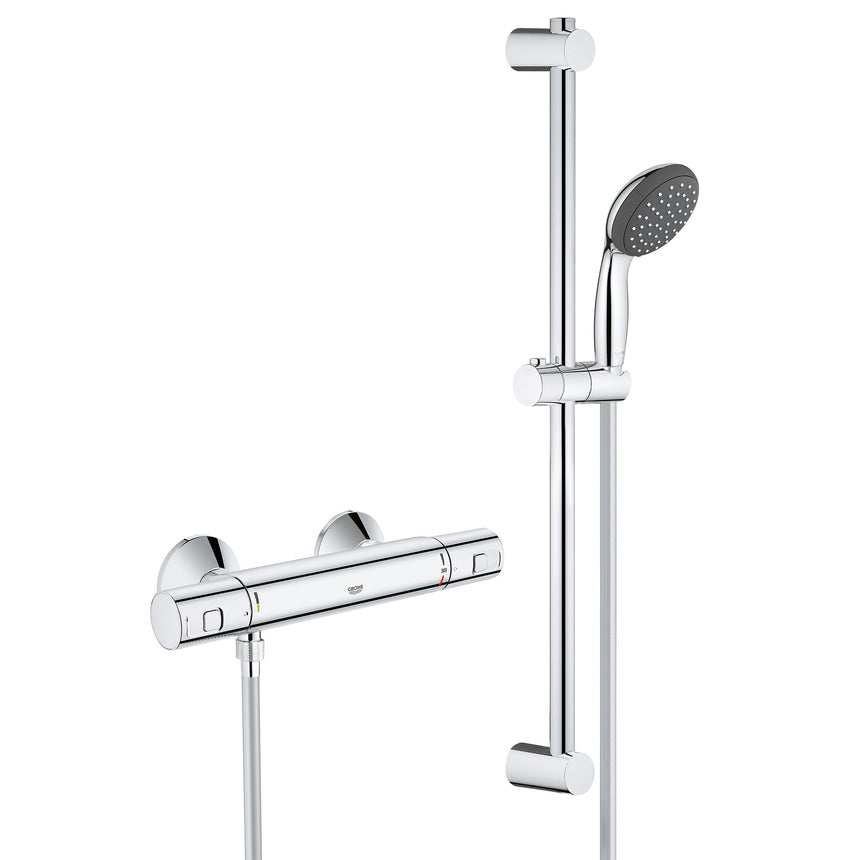 Set baterie dus cu termostat Grohe Precision Start, monocomanda, 1/2'', para dus inclusa, tija reglabila, ShockProof, anti-calcar, Crom