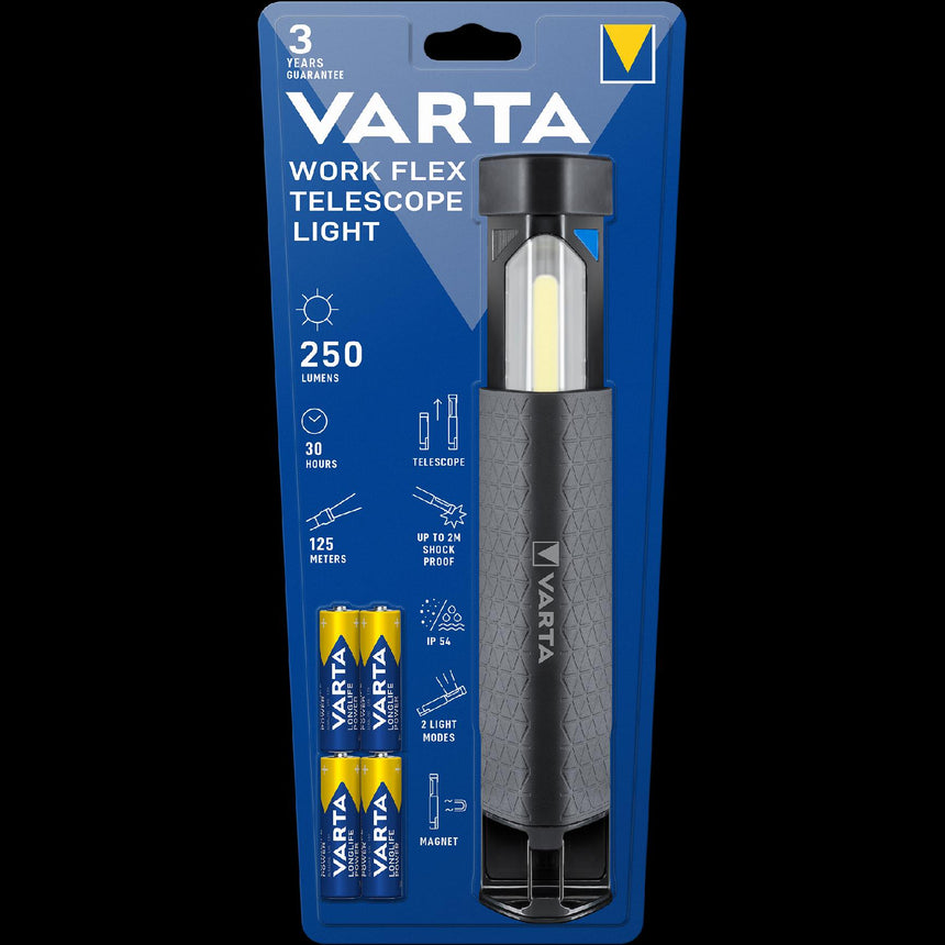 Lanterna LED Varta Work Flex Telescope Light, 250 lm, 2 moduri iluminare, carlig si magnet pentru prindere, IP54