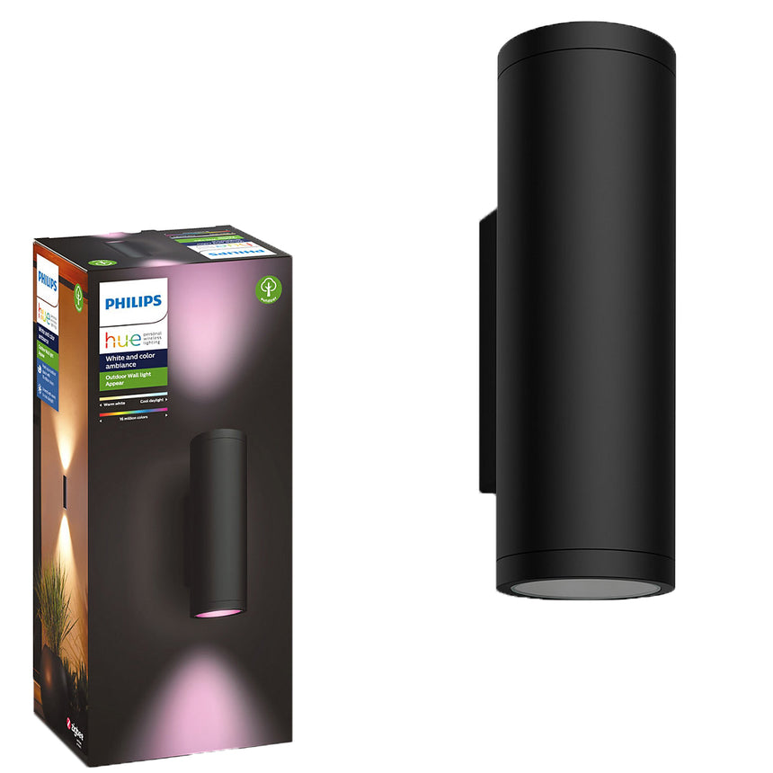 Aplica LED RGB pentru exterior Philips Appear Hue, 8W (49W), 1200 lm, lumina alba si colorata, IP44, metal, Negru, clasa energetica G