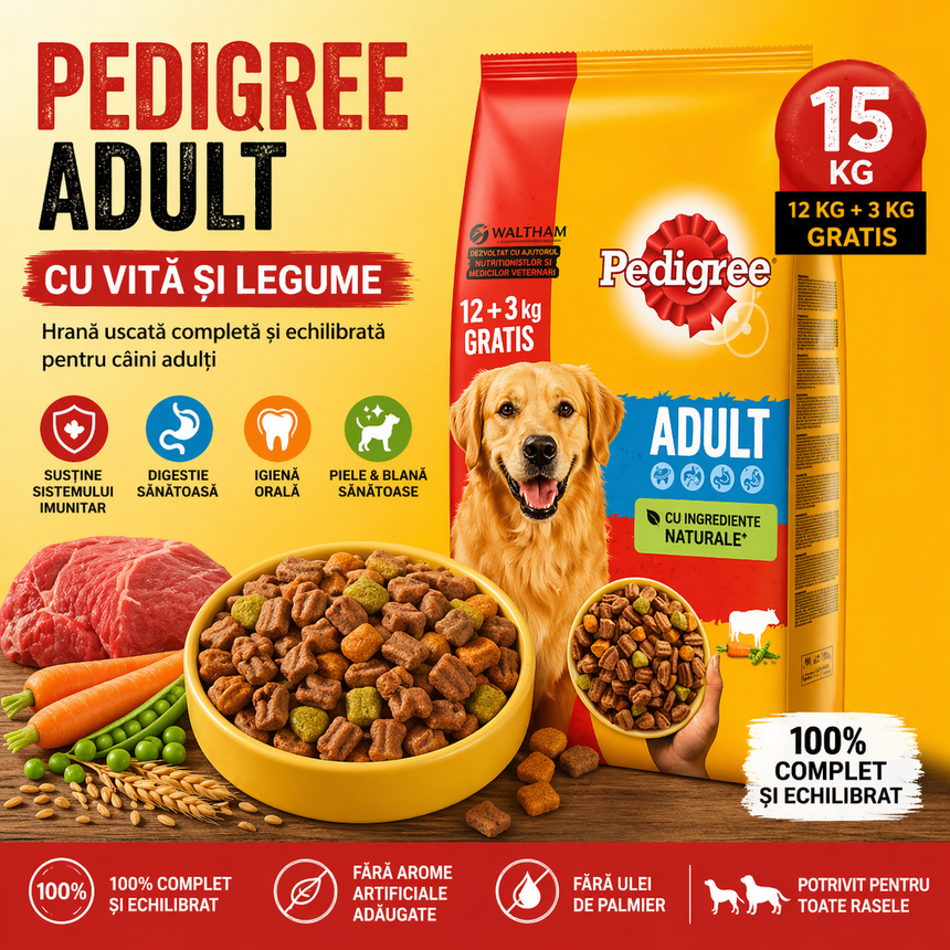 Hrană Câini Pedigree Adult 15Kg (12+3 Gratis), Vită & Legume, Nutriție Completă