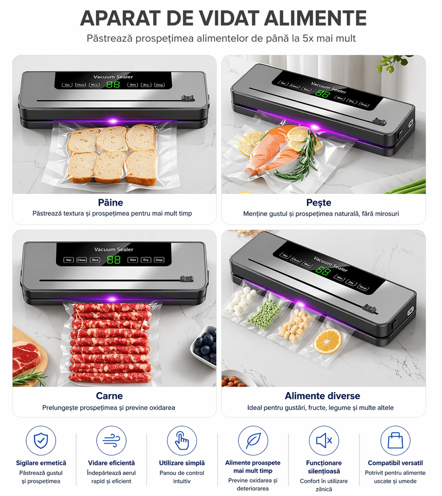 Aparat de Vidat Alimente Vacuum Sealer, 120 W, Functie Uscat/Umed, Cutter Integrat, Tehnologie UV, Argintiu