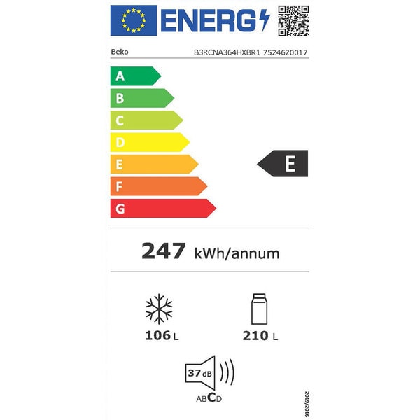 Combina frigorifica Beko B3RCNA364HXBR1, 316 l, No Frost, HarvestFresh, AeroFlow, Kitchen Fit, Everfresh+, Clasa E, 186.5 cm, Inox