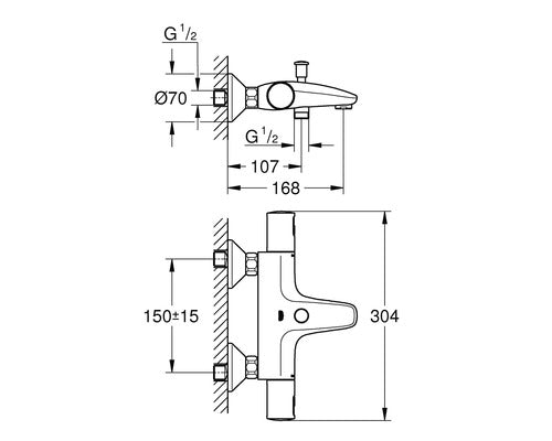 Baterie cada cu termostat Grohe Precision Start, 1/2'', diverter, protectie reflux, filtru impuritati, garnitura ceramica, crom