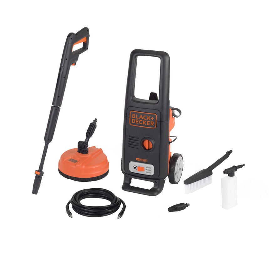 Masina de spalat cu presiune Black & Decker BXPW1500PE, 1500 W, 390 l/h debit apa, 120 bar presiune maxima, 6 m furtun + perie pardoseli + perie simpla