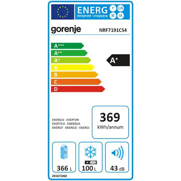 Frigider cu doua usi GORENJE NRF7191CS4, No Frost Plus, 466 l, H 185 cm, Clasa A+, Inox