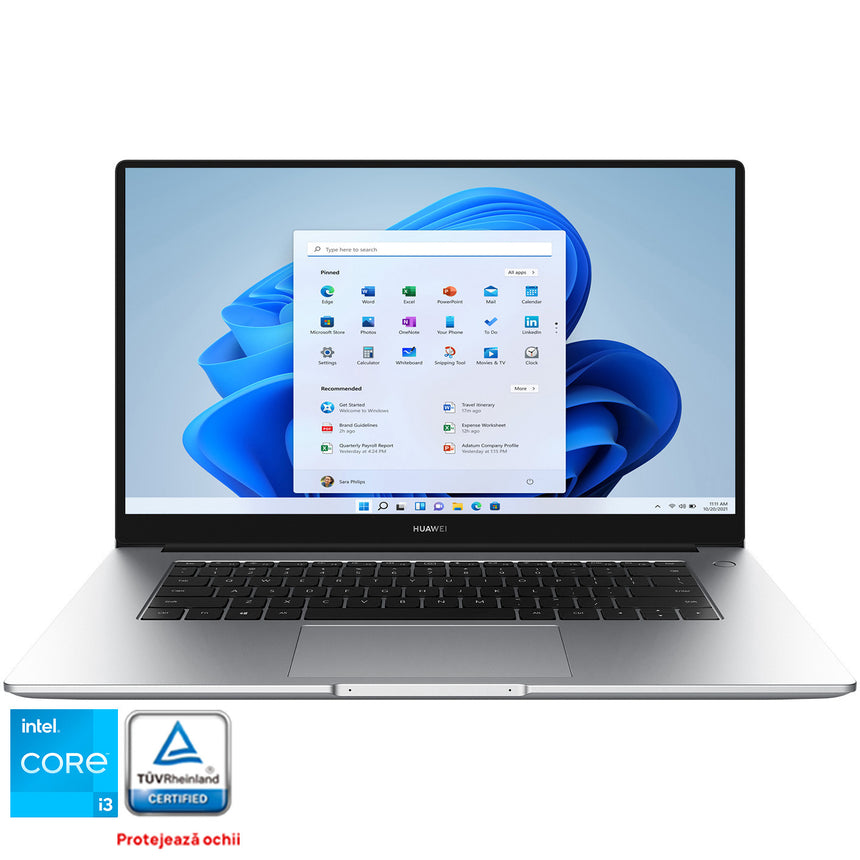 Laptop Huawei MateBook D15 cu procesor Intel® Core™ i3-1115G4 pana la 4.10 GHz, 15.6", Full HD, 8GB, 256GB SSD, Intel® UHD Graphics, Windows 11 Home, Sliver