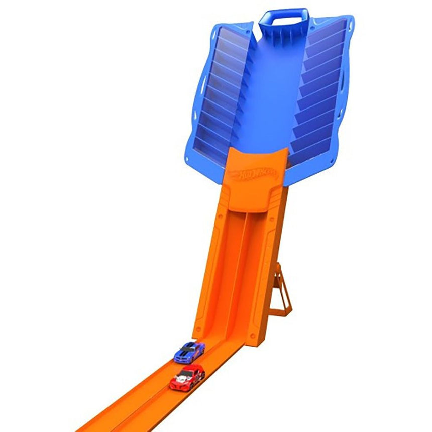 Cutie 2 in 1 Drag Racing Hot Wheels pentru 20 masinute, Albastru-Portocaliu