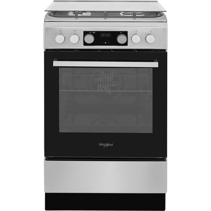 Aragaz Whirlpool WS5G8CHX/E, Mixt, 4 arzatoare, Gratar fonta, Aprindere electrica, Cuptor electric, 57 L, Autocuratare hidrolitica, 50 cm, Inox