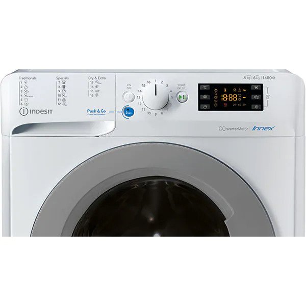 Masina de spalat rufe cu uscator Indesit BDE861483XWSEUN, 8 kg spalare, 6 kg uscare, 1400 rpm, Clasa C, Motor Inverter, Display Digital, Alb