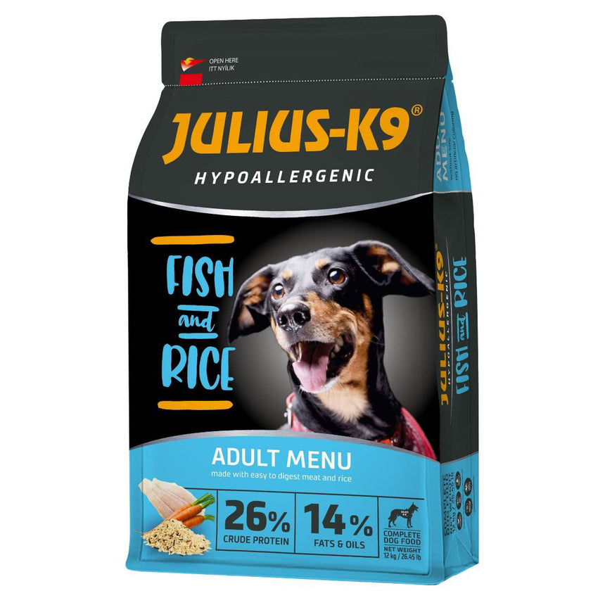 Hrana uscat pentru caini, Julius K9 Adult - super-premium, hipoalergenica, Peste si Orez, 12kg