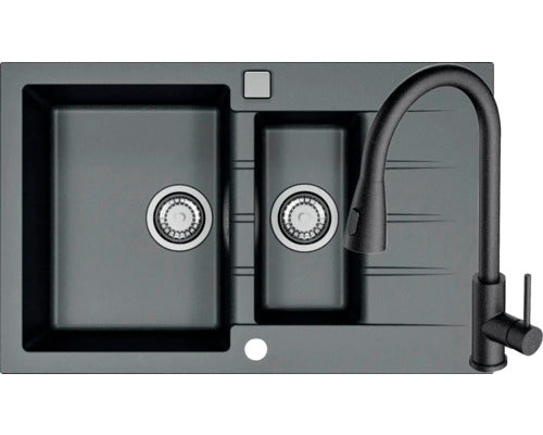 Pachet Chiuveta Bucatarie Granital Alveus Formic 20 Deep Black + Baterie Lola Si Sifon Auriu