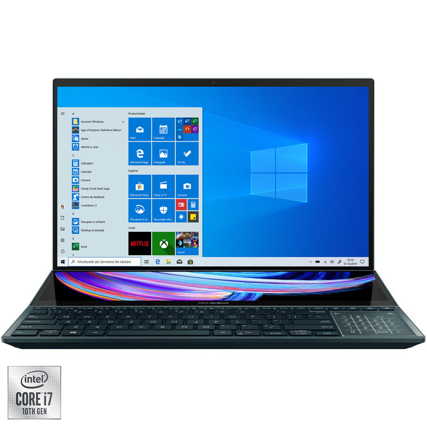 Laptop ultraportabil ASUS ZenBook Pro Duo 15 OLED UX582LR cu procesor Intel® Core™ i7-10870H pana la 5.00 GHz, 15.6", 4K, UHD, 16GB, 1TB SSD, NVIDIA® GeForce® RTX 3070 8GB, Windows 10 Pro, Celestial Blue
