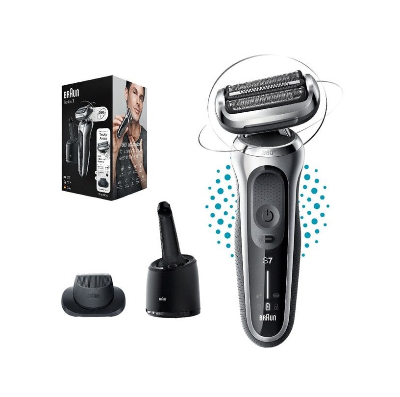 Aparat de ras Braun Series 7 71-S7200cc, Wet&Dry, AutoSense, SensoFlex, autonomie 50 min, 3 elemente de taiere, trusa voiaj, Negru/Argintiu