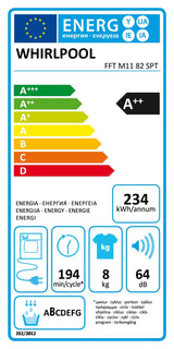 Uscator de Rufe WHIRLPOOL FFT M11 82 EE, 6th Sense, Pompa de caldura, 8 kg, 15 programe, Clasa A++, Alb