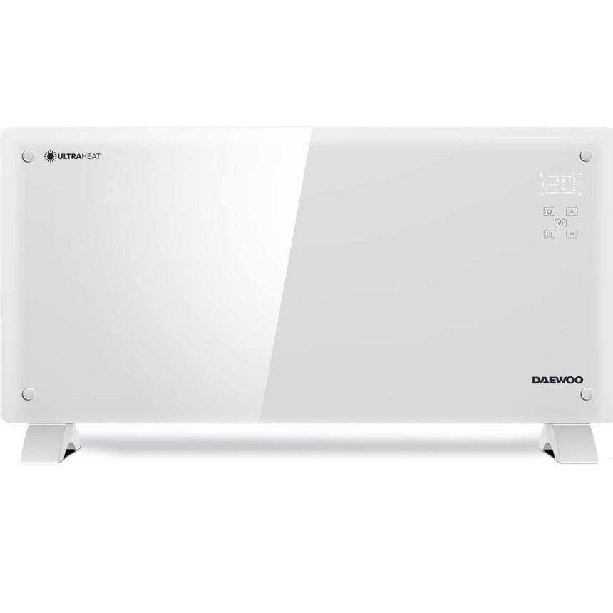 Convector electric smart Daewoo DGH2000WIFI, 2000 W, Suprafata incalzire sticla, Conectare WIFI compatibil cu Android si iOS, Touch control, Display LED, Timer, Alb