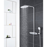 Sistem de dus cu termostat Grohe Rainshower Smartcontrol 360 Duo, aparent, dus fix 500 mm, suport perete, furtun 1750 mm, CoolTouch, SafeStop, butoane push-turn, anti-calcar, furtun anti-rasucire, crom/alb