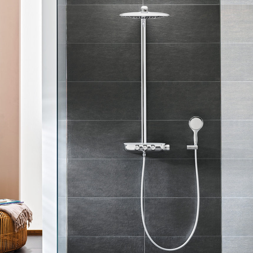 Sistem de dus cu termostat Grohe Rainshower SmartControl 360 DUO, montare aparenta, butoane push&turn, 3 functii, anti-calcar, etajera, para dus inclusa, Crom