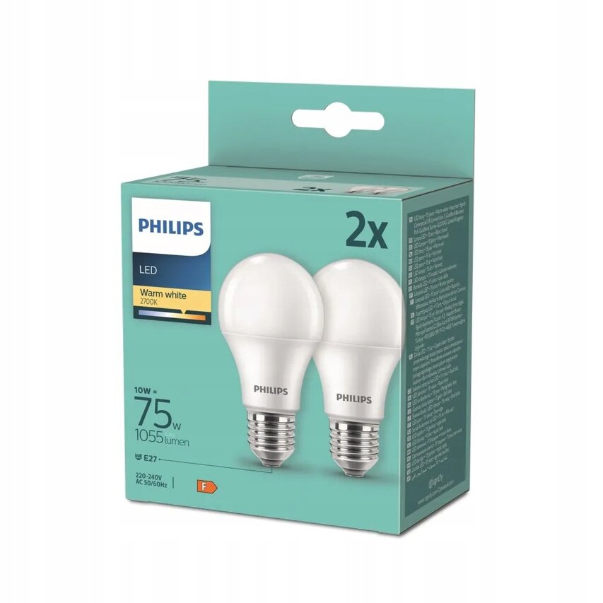 Pachet 2 becuri LED Philips A60, E27, 10W (75W), 1055 lm, lumina alba calda (2700K), Clasa energetica F
