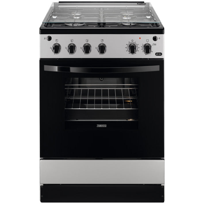Aragaz Zanussi ZCG612K1SA, Gaz, 4 arzatoare, Grill, Autocuratare catalitica, Aprindere electrica, 59 l, 60 cm, Argintiu