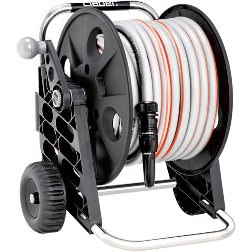 Set carucior cu roti + furtun Claber Genius Compact Pronto 25,furtun 25 m,diametru 5/8 (14-19mm), 4 cuple automate + duza pulverizare jet ajustabil + conector,cadru aluminiu,maner telescopic