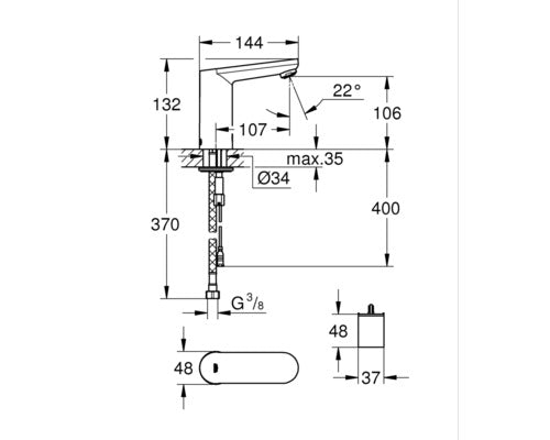 Baterie lavoar cu senzor infrarosu Grohe Eurosmart Cosmopolitan E 36330001, 3/8'', baterie 6V, mixare, crom