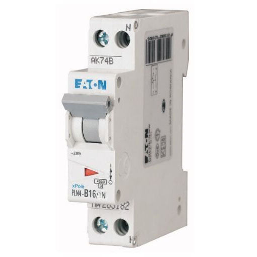 Siguranta electrica automata EATON 263290, PLN4-B16/1N, latime 1 modul, 4,5kA, 1P+N, caracteristica B, 16A