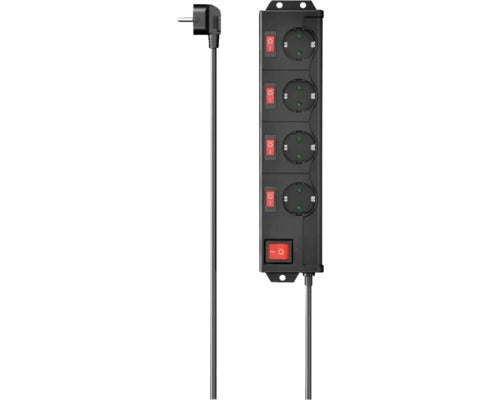 Prelungitor Hama 00223122, cu intrerupatoare individuale iluminate, 4 prize, impamantare, 90°, montare perete, 1.4 m, Negru