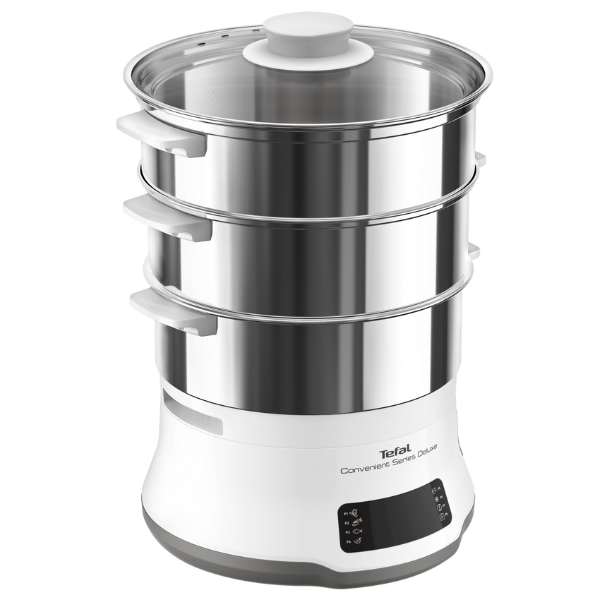 Aparat de gatit cu abur Tefal Convinient Series Deluxe VC502D10, 900W, capacitate 9L, temporizator, 3 vase, accesoriu pentru orez, inox