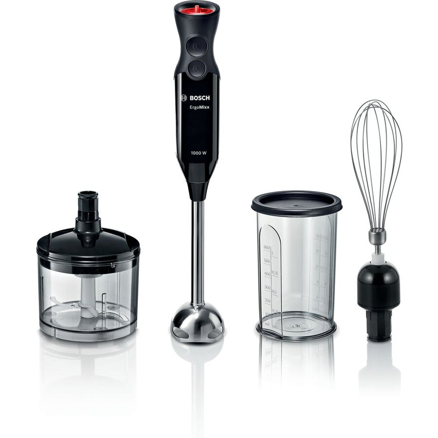 Blender de mana Bosch ErgoMixx MS61B6150, 1000 W, 12 viteze + Turbo, Blocare de siguranta, Minitocator 0.50 L, Vas gradat 0.6 L, Tel inox, Accesoriu maruntire, Negru